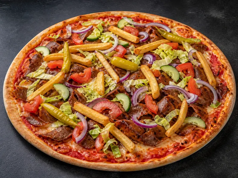 Superkebabpizza med kebabkött, pommes frites, grönsaker, rödlök och feferoni.